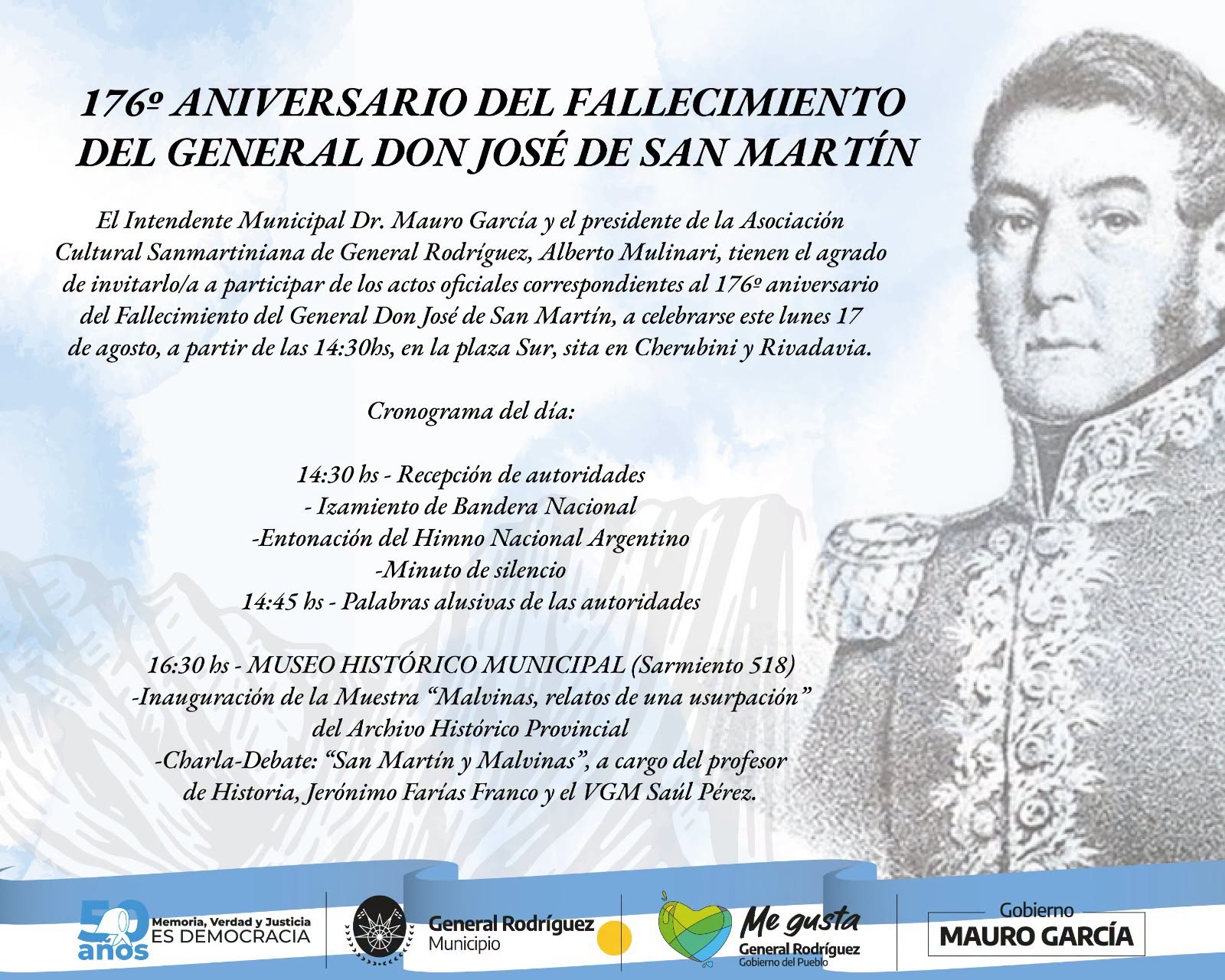 General Rodríguez homenajeará a San Martín a 176 años de su paso a la inmortalidad